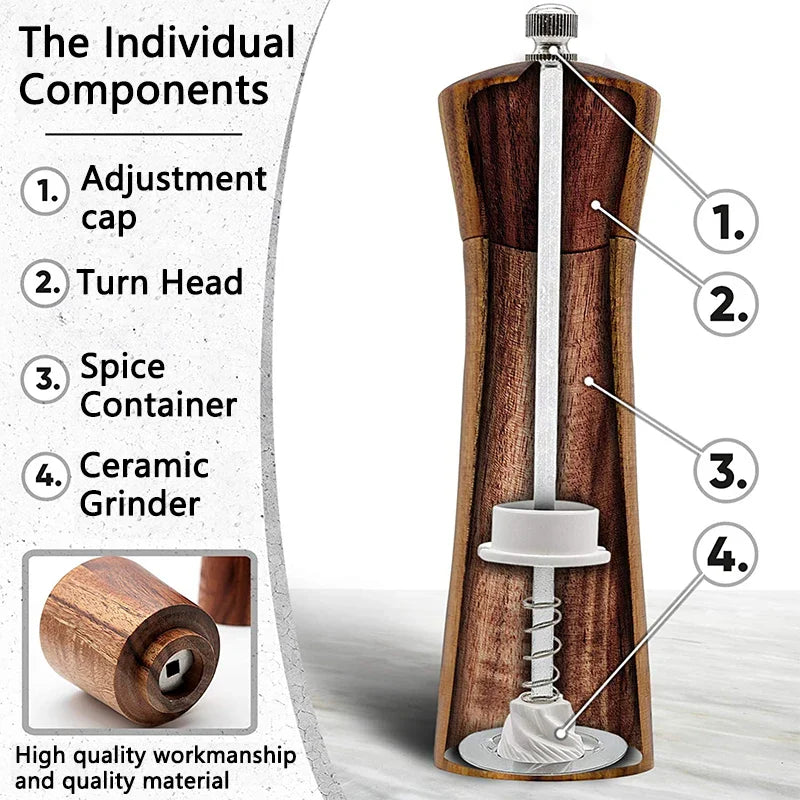 Acacia Wooden Salt & Pepper Grinder | Adjustable Ceramic Mill for Kitchen