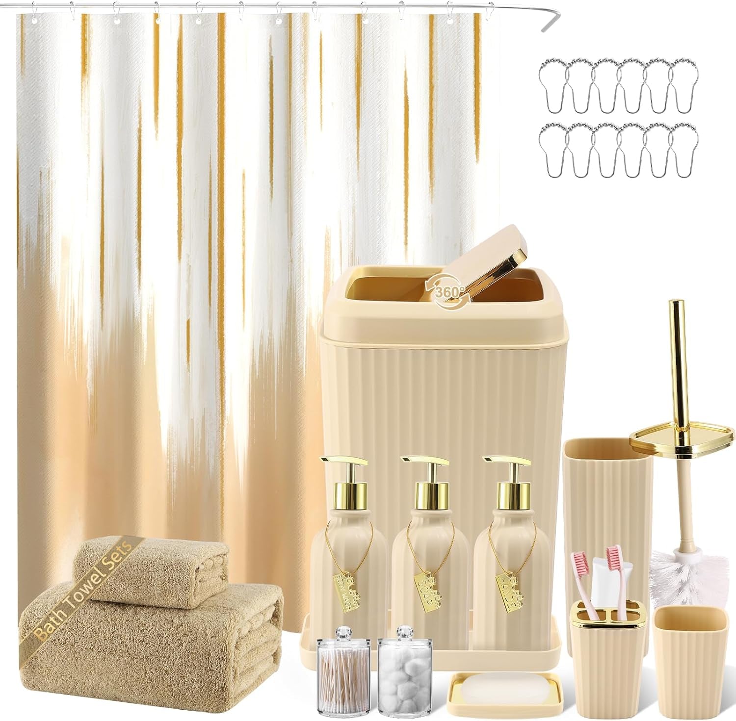17-Piece Bathroom Accessory Set – Toilet Brush, Trash Can, Qtip Holder & 3 Soap Dispensers
