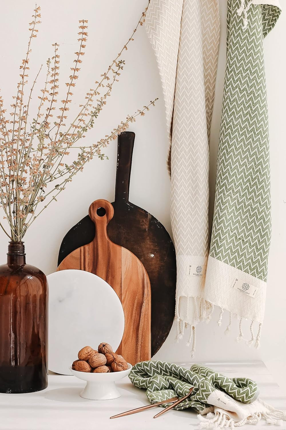 Exclusive Hand Towels Set of 2-18 X 40 Inches - Decorative Bathroom Peshtemal Towel for Hand, Face, Hair, Yoga, Tea, Dishcloth, Kitchen and Bath - 100% Pure Cotton (Beige)