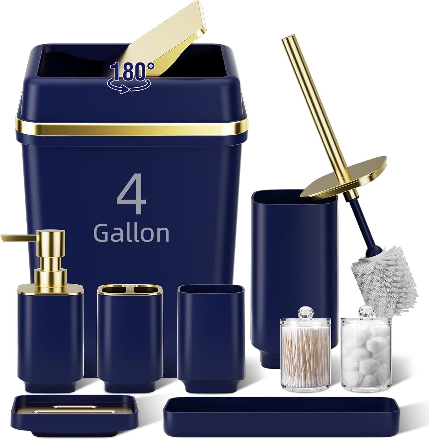 17-Piece Bathroom Accessory Set – Toilet Brush, Trash Can, Qtip Holder & 3 Soap Dispensers