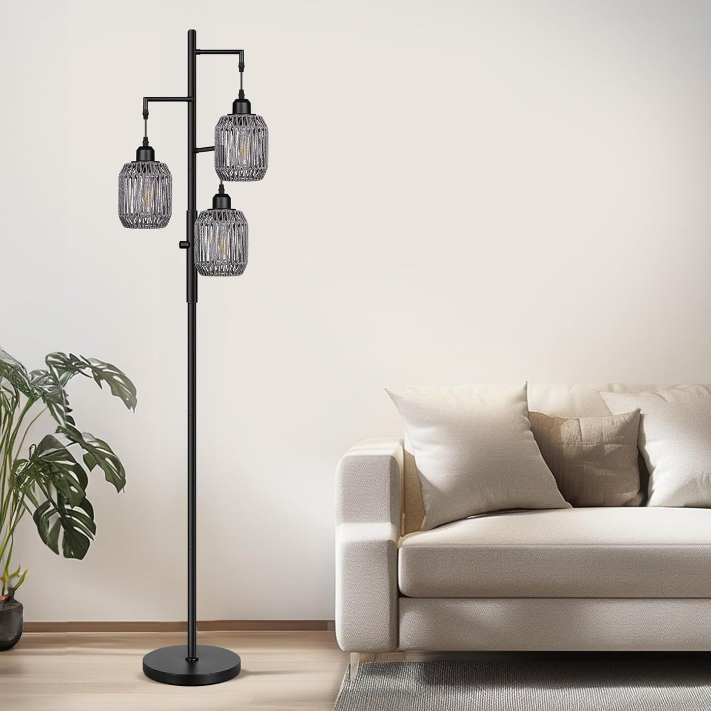 68" Dimmable Boho Floor Lamp | 3-Light Rattan Farmhouse Industrial Standing Lamp, Black