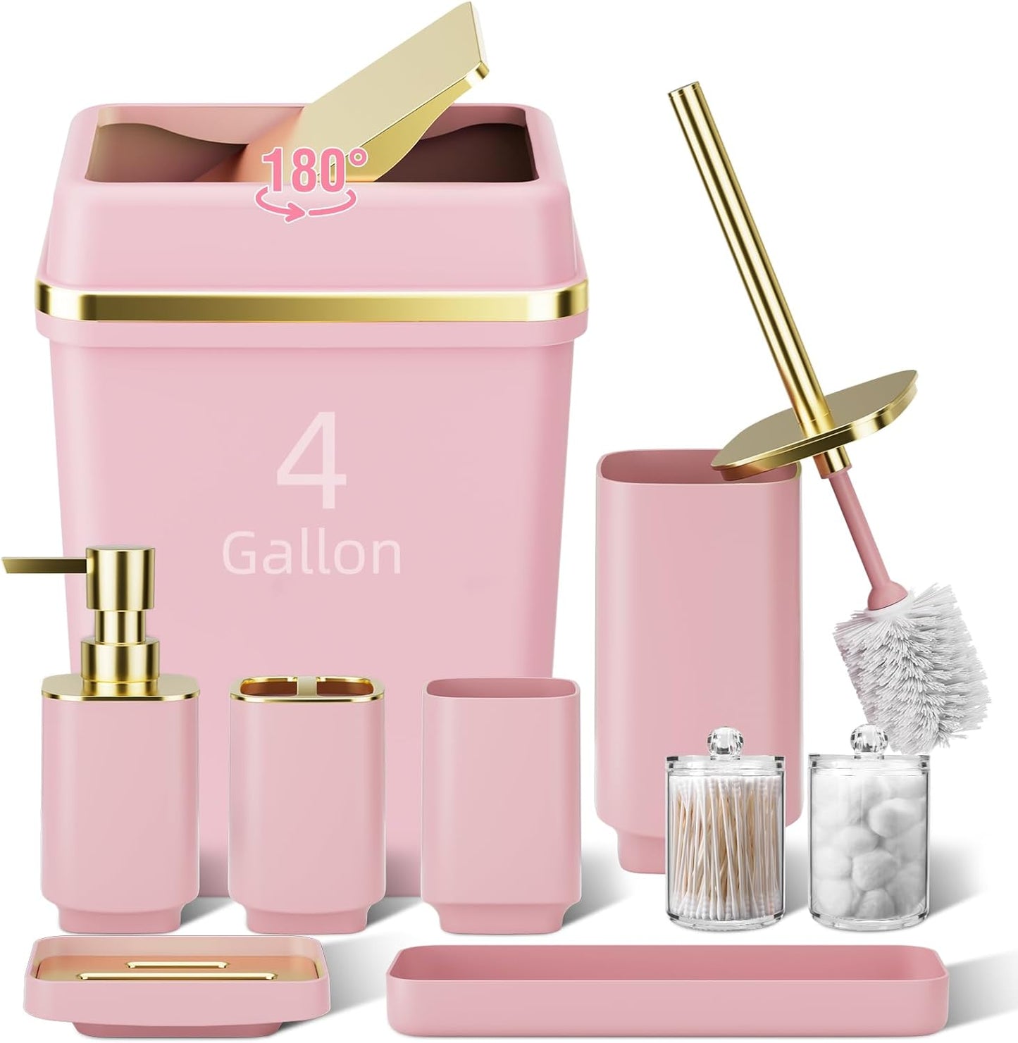 17-Piece Bathroom Accessory Set – Toilet Brush, Trash Can, Qtip Holder & 3 Soap Dispensers