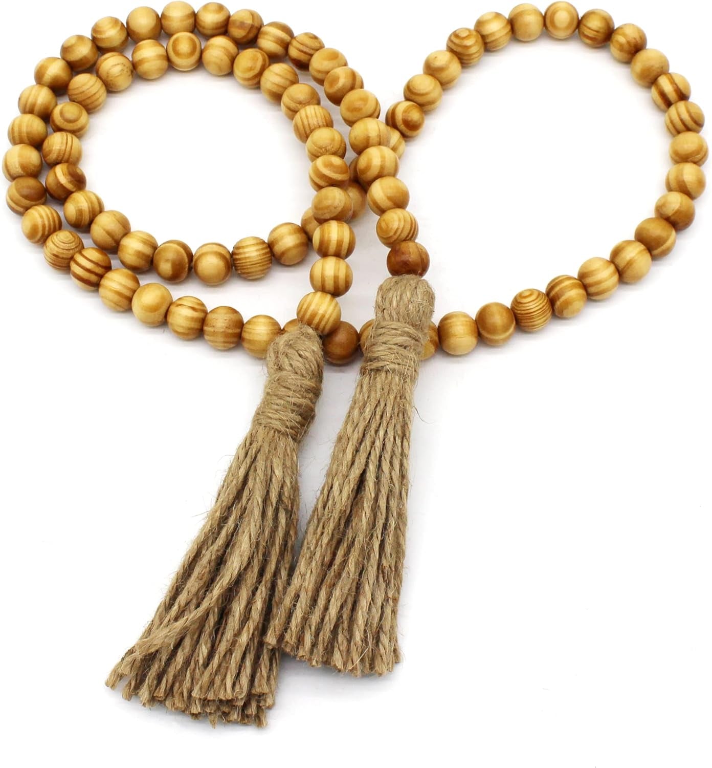 Wood Grain Beads Garland with Tassels | Dark Tan Farmhouse Rustic Prayer Bead Wall Hanging, Home & Festival Décor