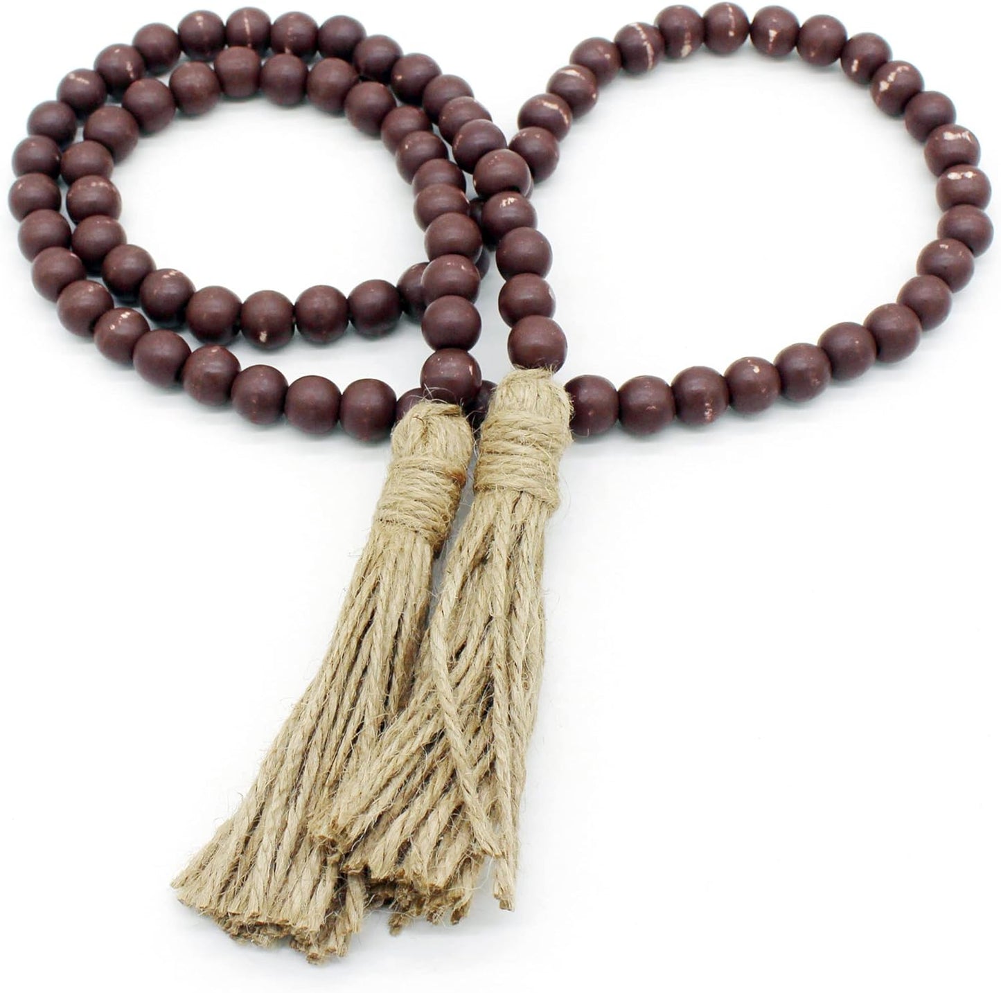 Wood Grain Beads Garland with Tassels | Dark Tan Farmhouse Rustic Prayer Bead Wall Hanging, Home & Festival Décor