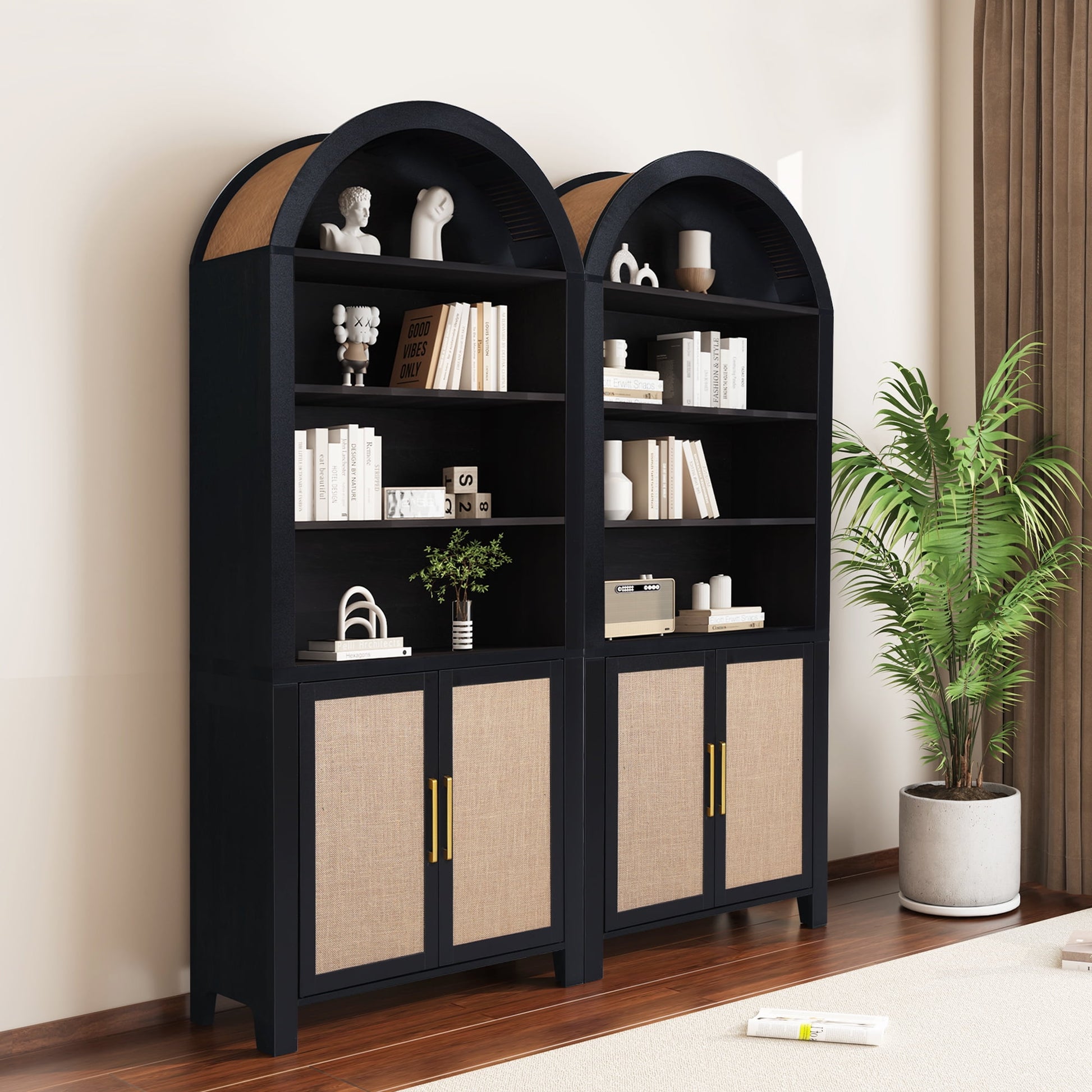 71" Tall Arched Bookshelf with Doors | Mid-Century Modern 6-Tier Rattan Storage Shelf, Black
