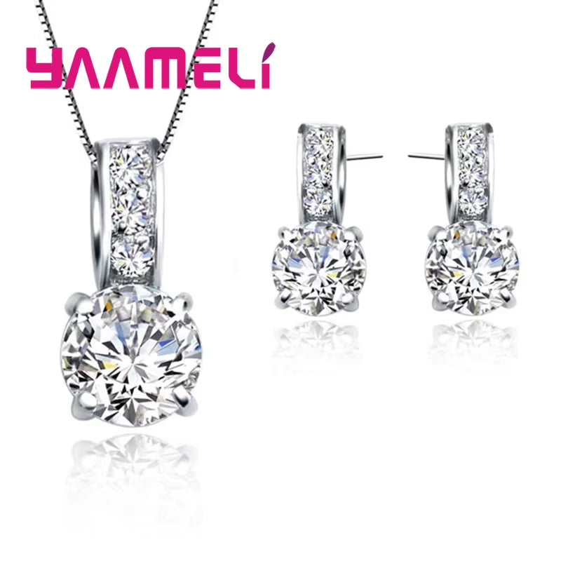 925 Sterling Silver Color Bridal Jewelry Set Classic Cubic Zircon Crystal Pendant Necklace Stud Earrings for Women Girls Gift