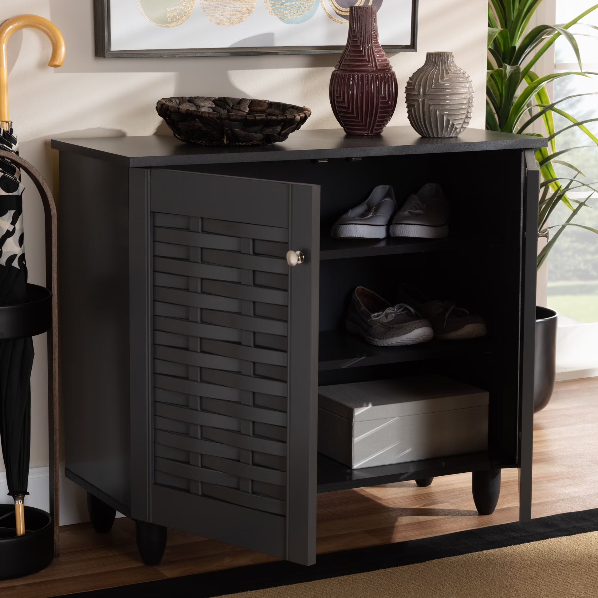 Winda Modern Dark Gray Wooden Storage Cabinet | 2-Door Contemporary Entryway Organizer