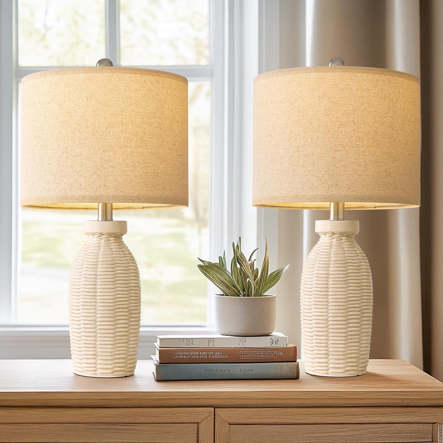 23" Table Lamp Set of 2 | Boho Farmhouse Rustic Vintage Bedside & Desk Lamps, Beige