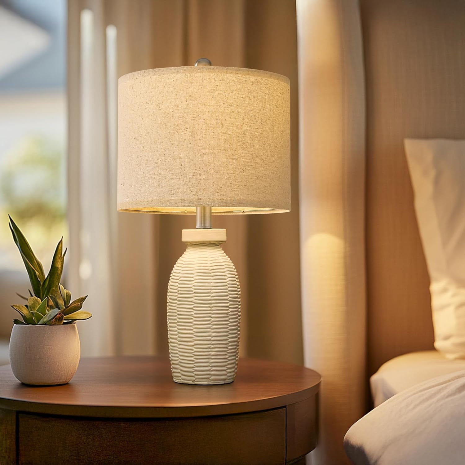 23" Table Lamp Set of 2 | Boho Farmhouse Rustic Vintage Bedside & Desk Lamps, Beige