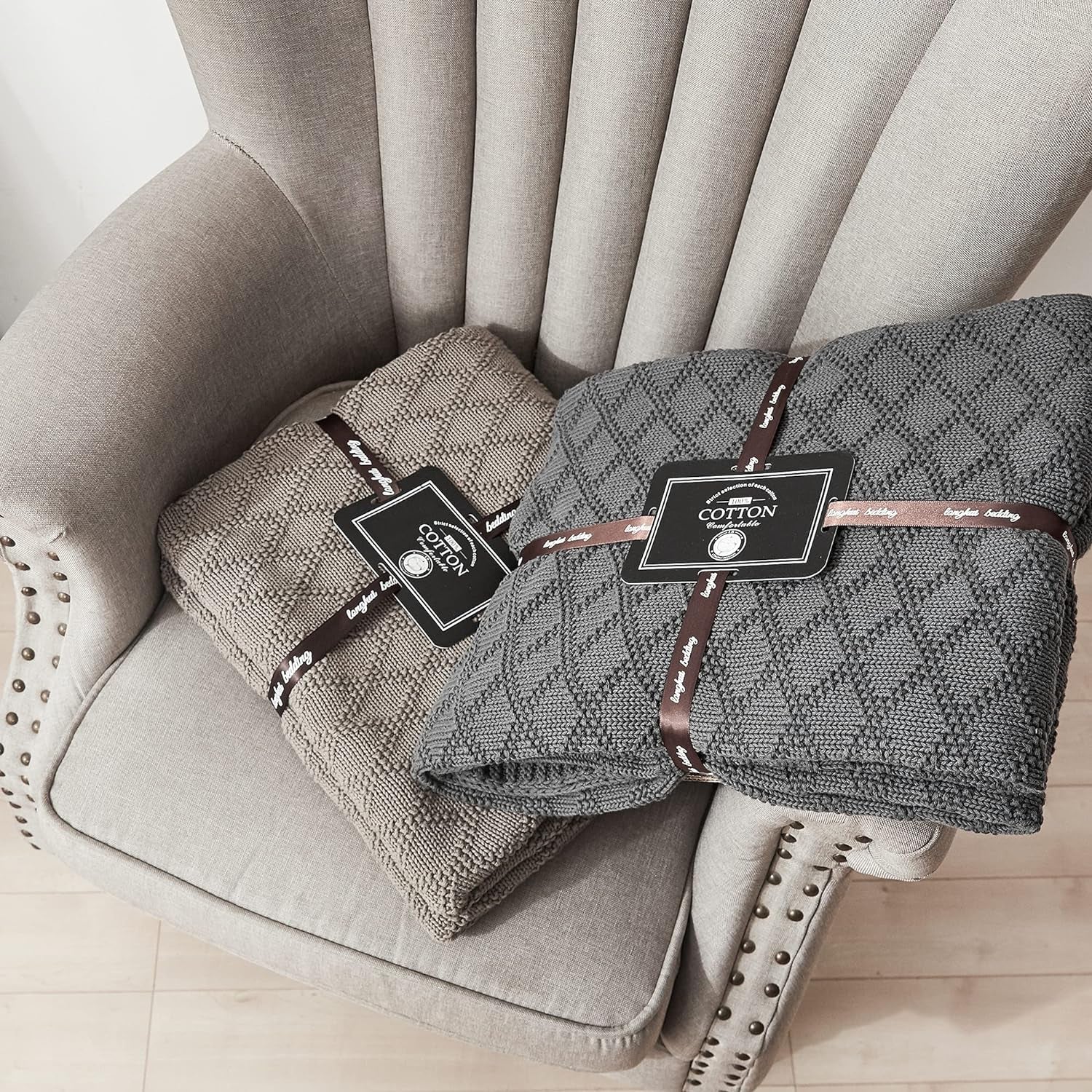 Charcoal Grey Cotton Throw Blanket for Couch Sofa Bed - Home Decorative Soft Cozy Sweater Fall Cable Knit Blankets -Dark Gray 2.2 Pounds 50 X 60 Inch