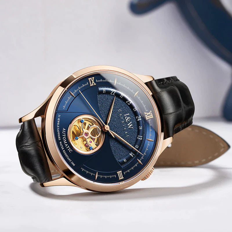 Luxury Blue Tourbillon Men’s Automatic Watch | I&W MIYOTA, Sapphire Glass, Italy Leather