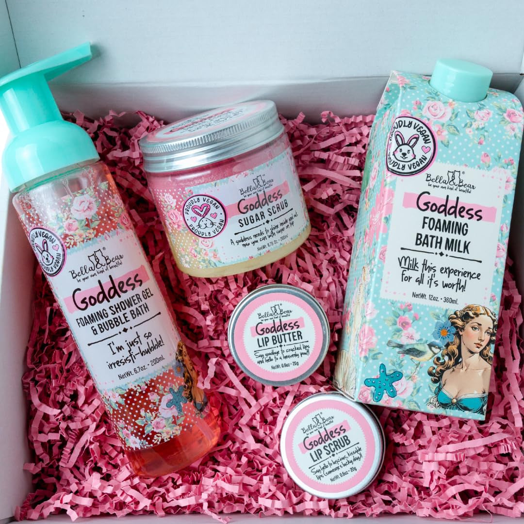 Goddess Mega Bath & Body Gift Set with Foaming Shower Gel & Bubble Bath, Bath Milk, Body Scrub & Lip Scrub and Lip Butter - Gift for Women