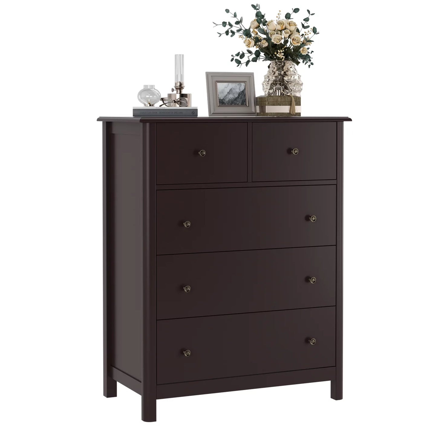 Brown 5-Drawer Dresser Chest | Bedroom & Living Room Storage Cabinet with Easy Pull Handles
