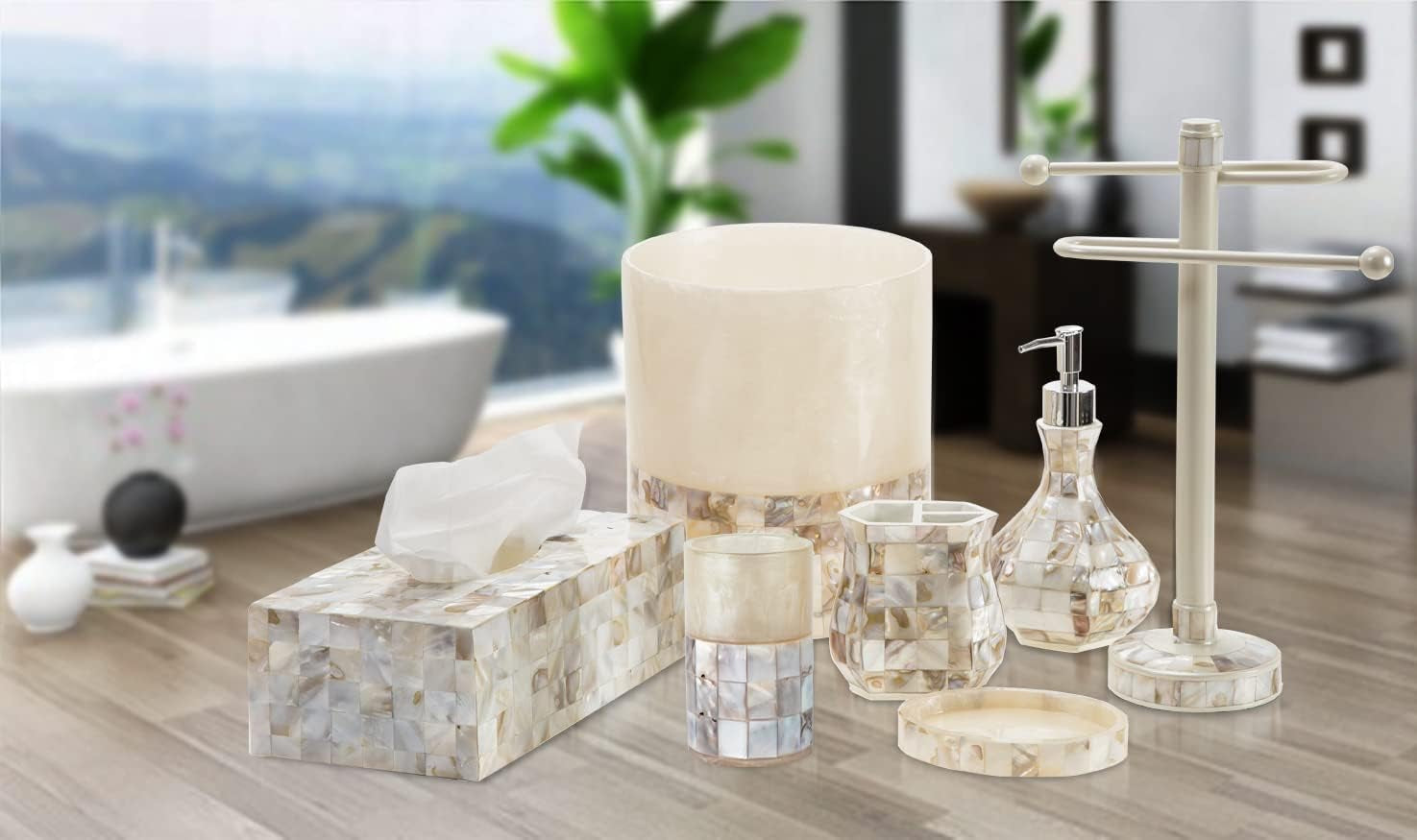 Milano 4-Piece Bathroom Accessory Set | Mother of Pearl Soap Dispenser, Toothbrush Holder, Tumbler & Soap Dish