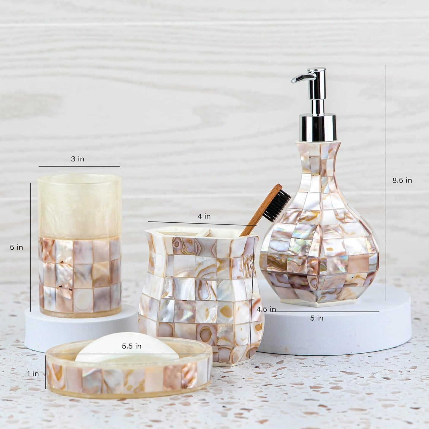 Milano 4-Piece Bathroom Accessory Set | Mother of Pearl Soap Dispenser, Toothbrush Holder, Tumbler & Soap Dish
