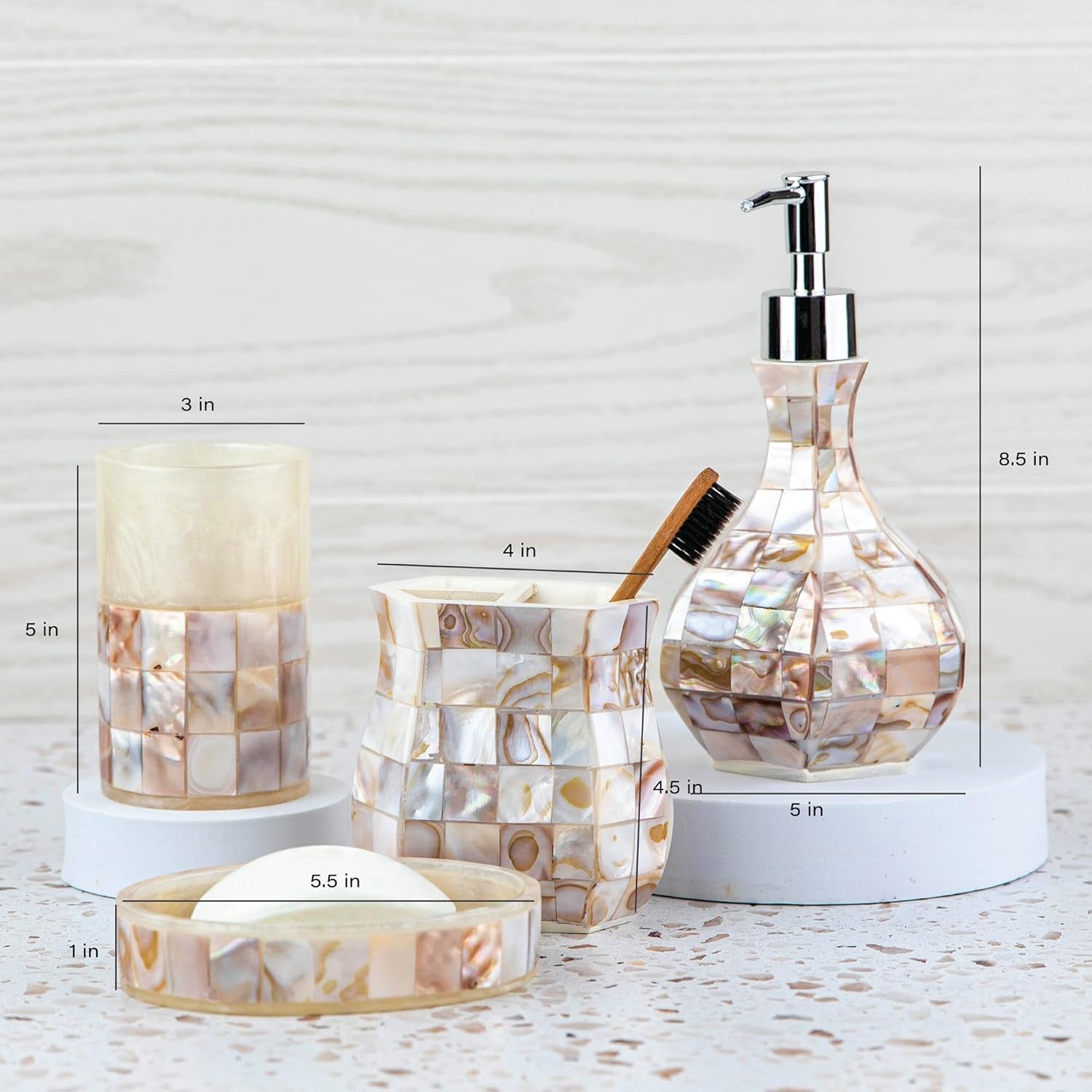 Milano 4-Piece Bathroom Accessory Set | Mother of Pearl Soap Dispenser, Toothbrush Holder, Tumbler & Soap Dish