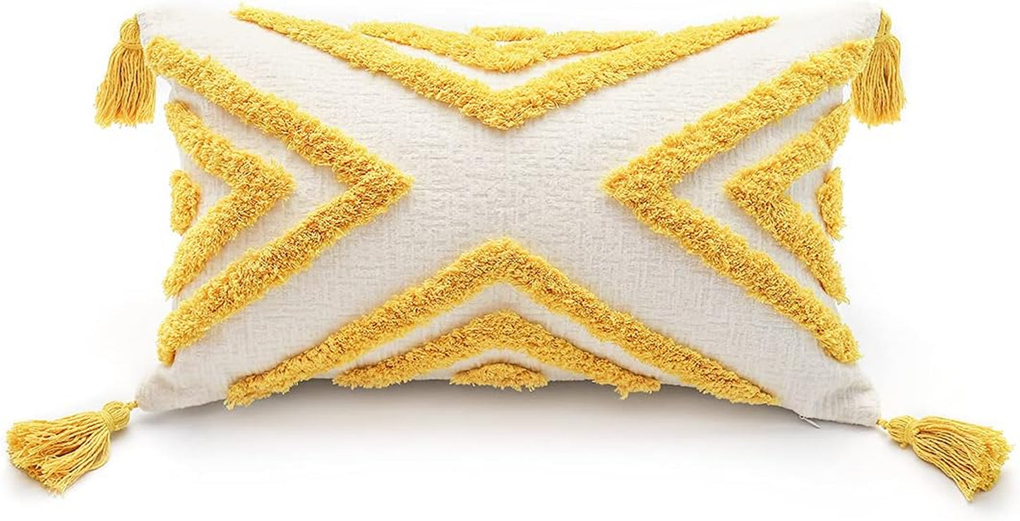 Boho Grey Lumbar Throw Pillow Cover 12X20 Inch with Tassels, Gray Geometric Tufted Cream Chenille Fabric Small Accent Textured Cushion Case for Bed Couch, 1 PC Cover Only No Insert