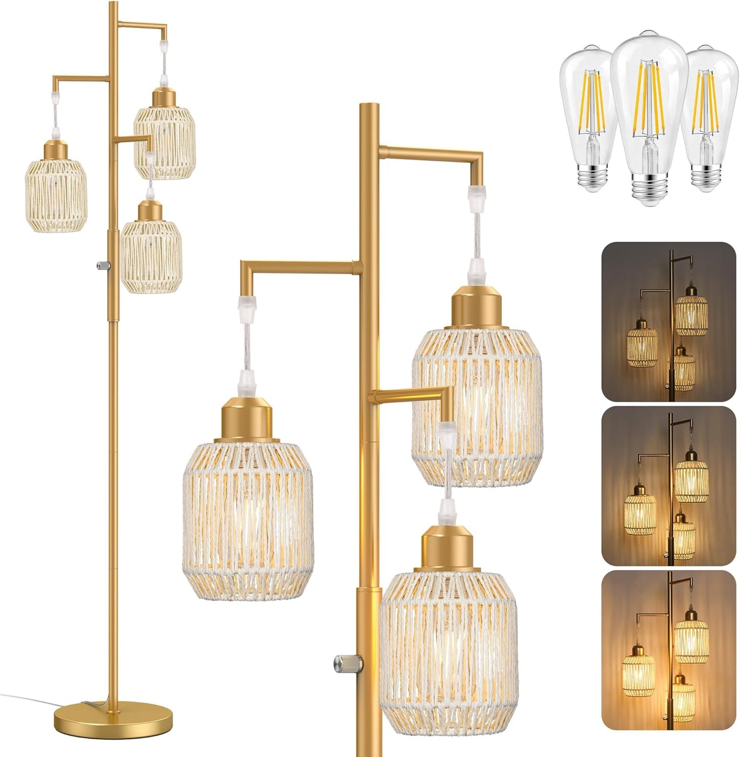 68" Dimmable Boho Floor Lamp | 3-Light Rattan Farmhouse Industrial Standing Lamp, Black
