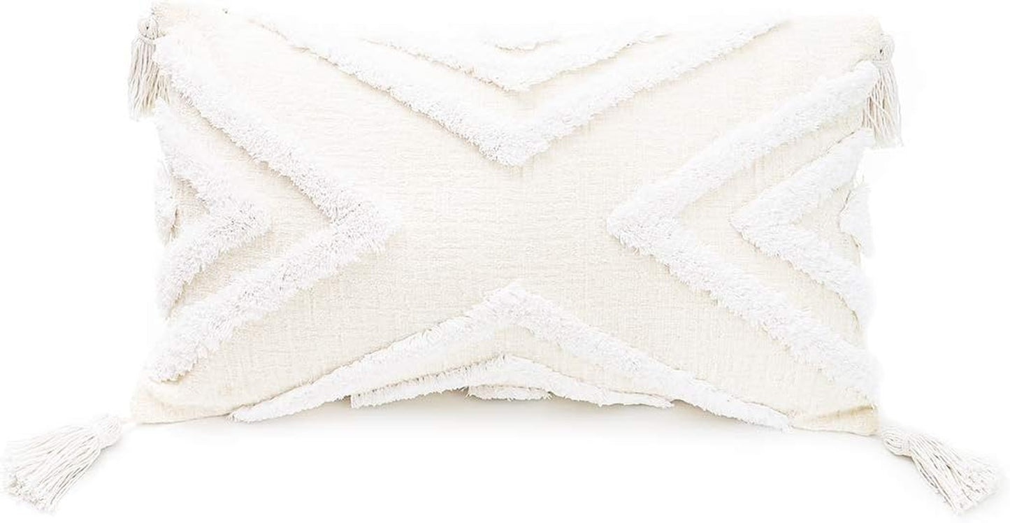 Boho Grey Lumbar Throw Pillow Cover 12X20 Inch with Tassels, Gray Geometric Tufted Cream Chenille Fabric Small Accent Textured Cushion Case for Bed Couch, 1 PC Cover Only No Insert