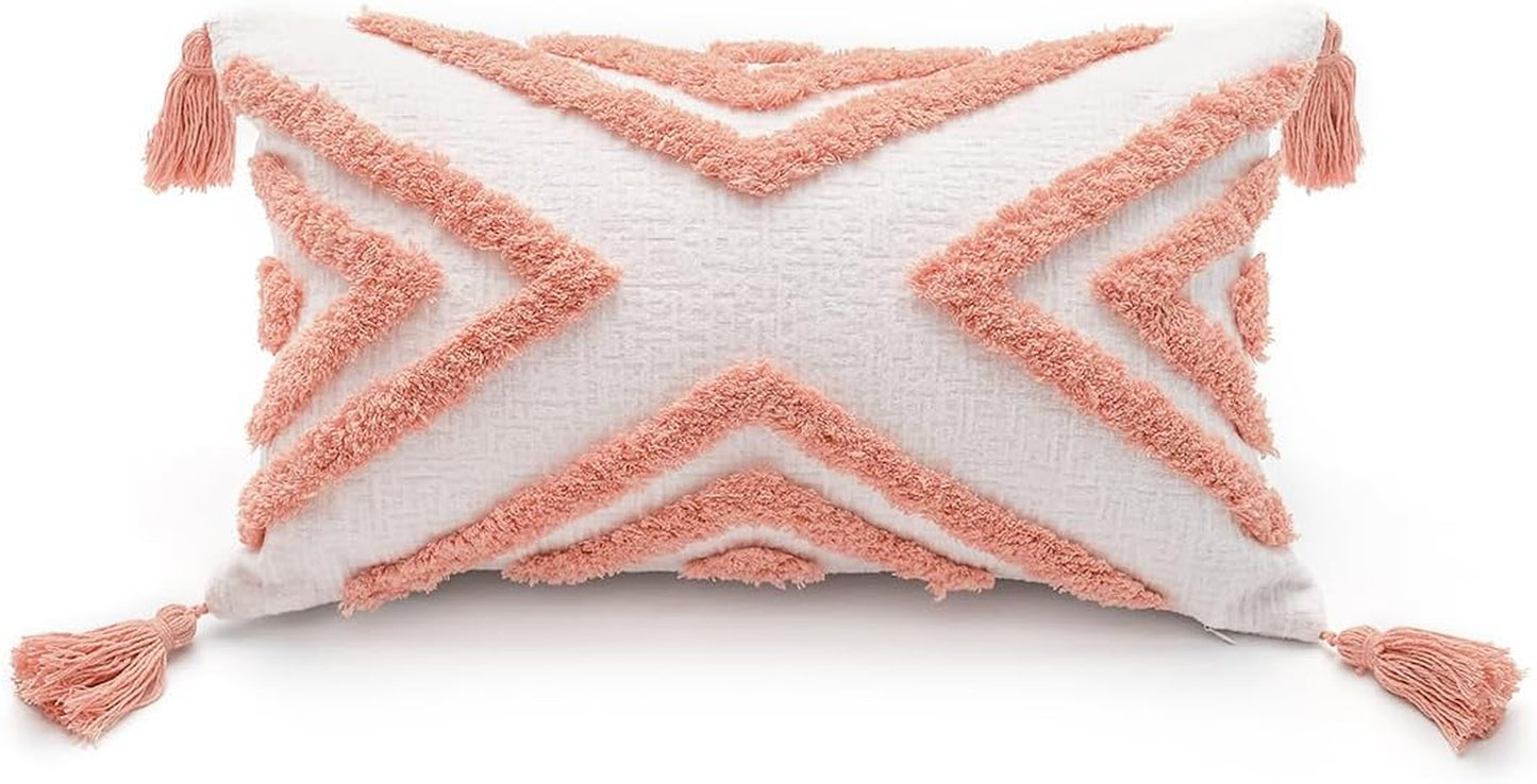 Boho Grey Lumbar Throw Pillow Cover 12X20 Inch with Tassels, Gray Geometric Tufted Cream Chenille Fabric Small Accent Textured Cushion Case for Bed Couch, 1 PC Cover Only No Insert