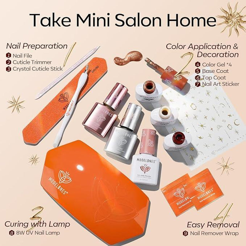 [New Product Sale]Modelones 14Pcs 4 Colors Gel Nail Polish Kit with UV Light, Base&Top Coat and Stickers, Mini Salon at Home, Cat Eye Gel Nail Polish, Jelly Light Pink Manicure Set, Fall Nails, DIY Nail at Home, Budget Friendly Gift