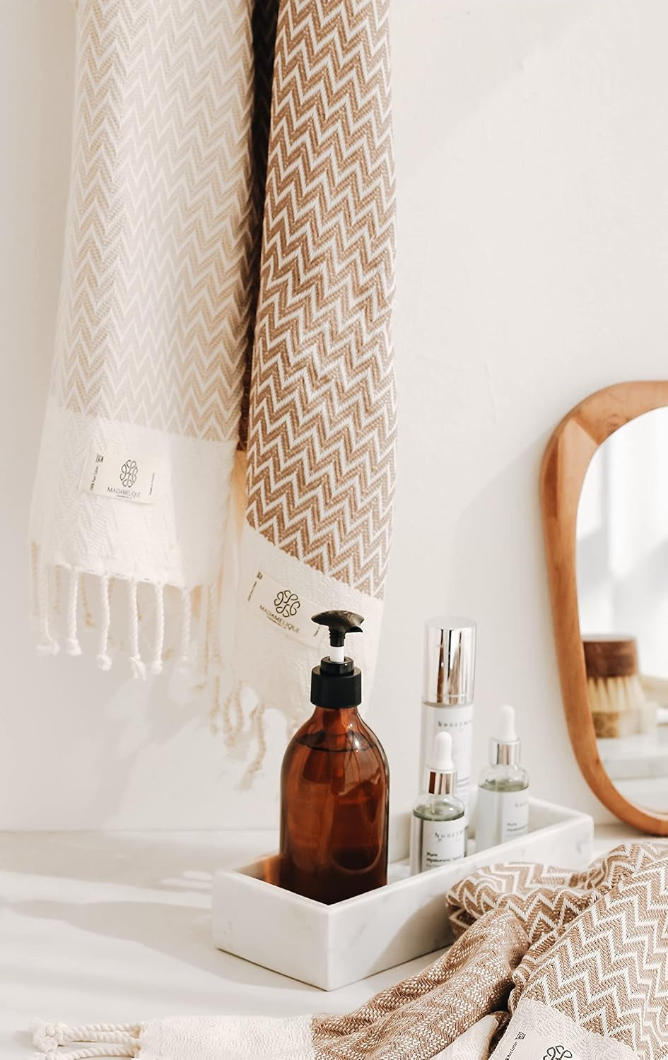 Exclusive Hand Towels Set of 2-18 X 40 Inches - Decorative Bathroom Peshtemal Towel for Hand, Face, Hair, Yoga, Tea, Dishcloth, Kitchen and Bath - 100% Pure Cotton (Beige)