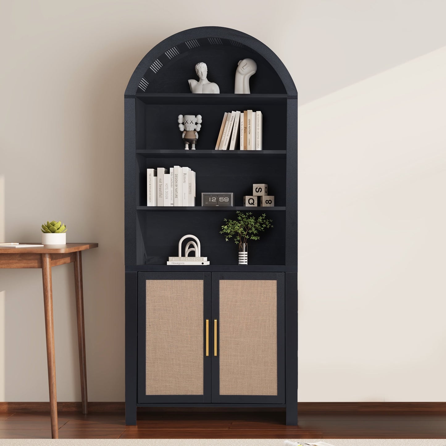 71" Tall Arched Bookshelf with Doors | Mid-Century Modern 6-Tier Rattan Storage Shelf, Black