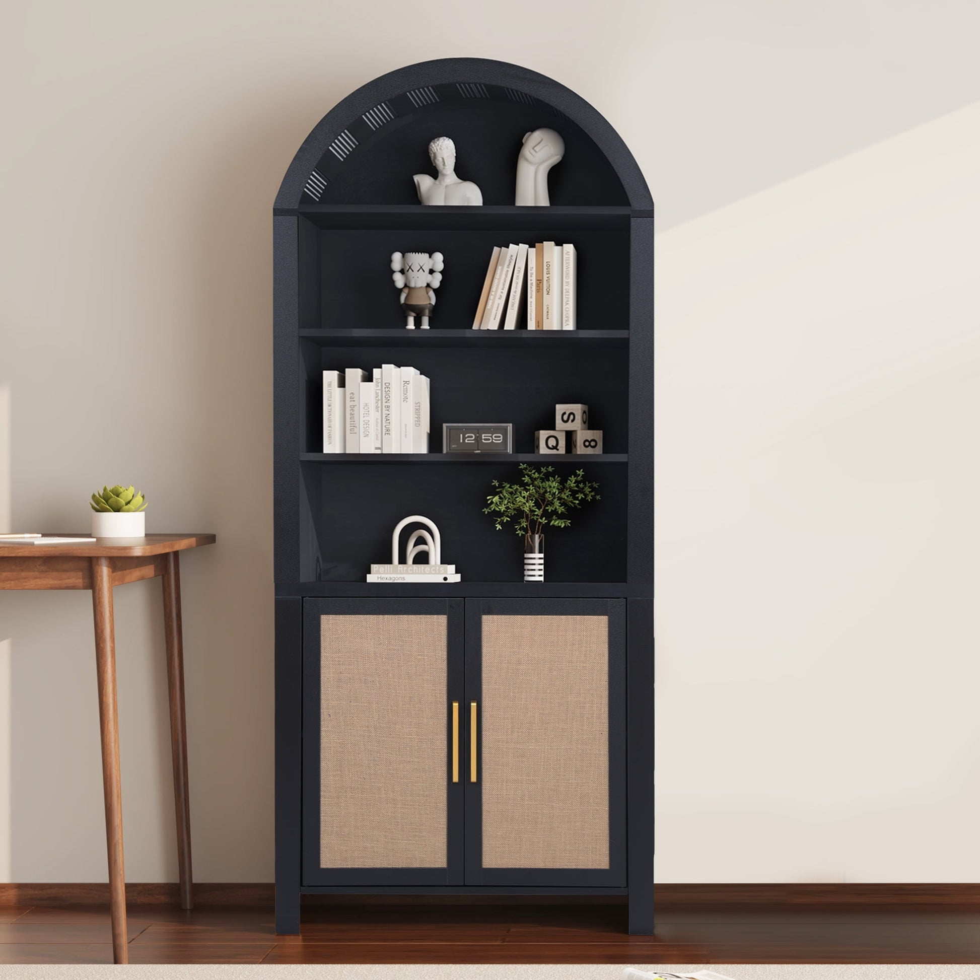 71" Tall Arched Bookshelf with Doors | Mid-Century Modern 6-Tier Rattan Storage Shelf, Black