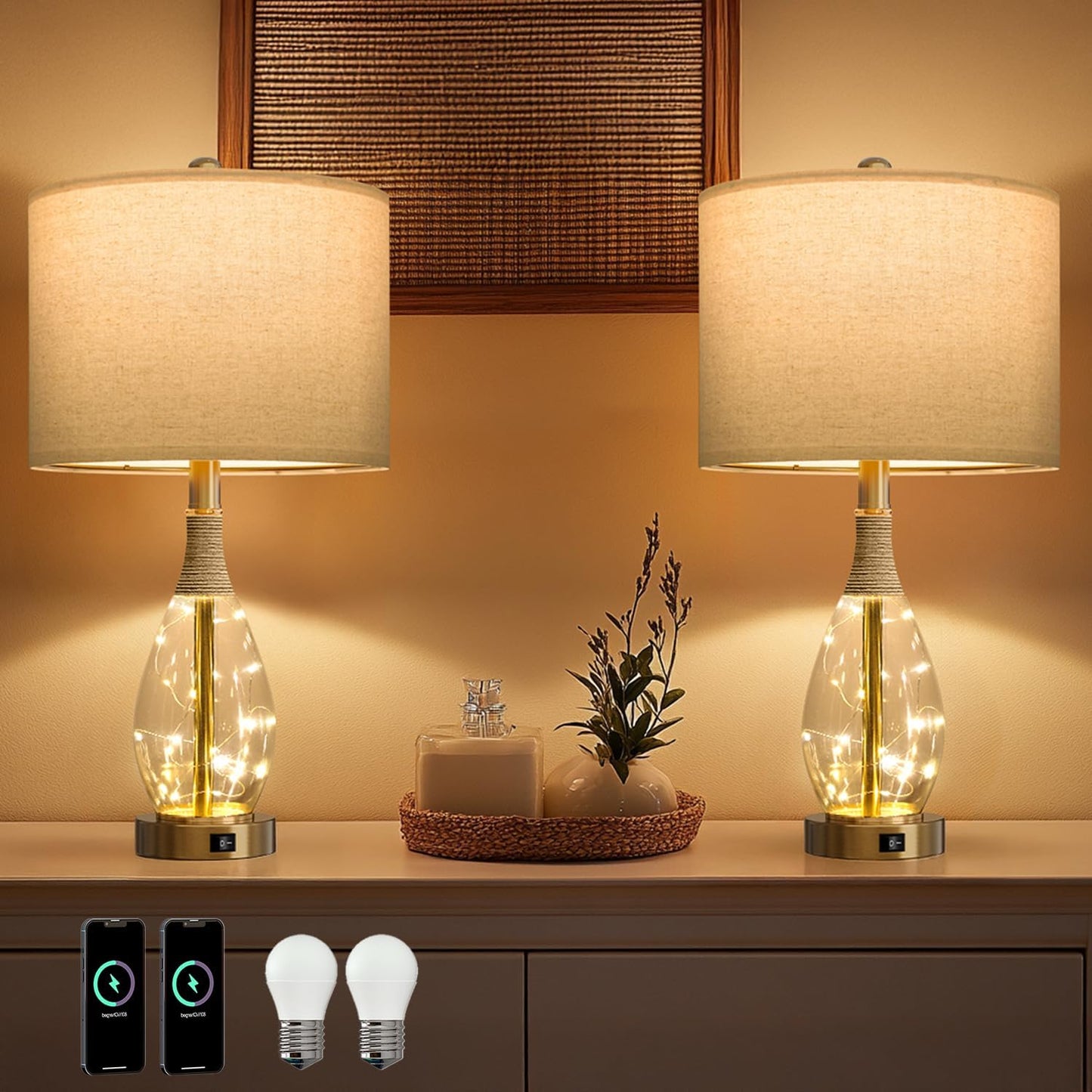 23" USB A+C Table Lamp Set of 2 | Modern Retro Farmhouse Rattan & Glass Bedside Lamps