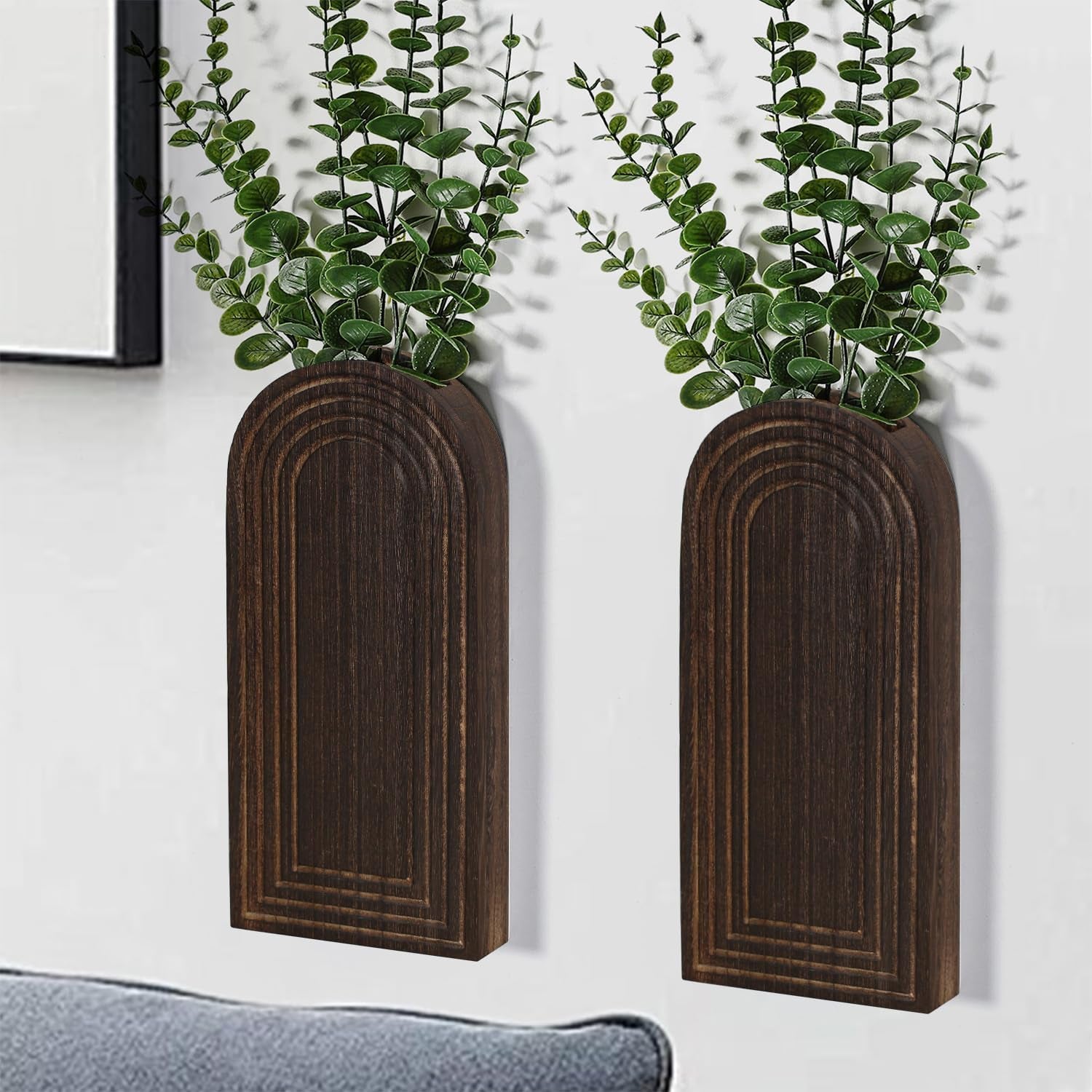 2-Pack Wooden Wall Vase Set | Black Modern Farmhouse & Boho Wall Decor for Entryway, Hallway & Living Spaces