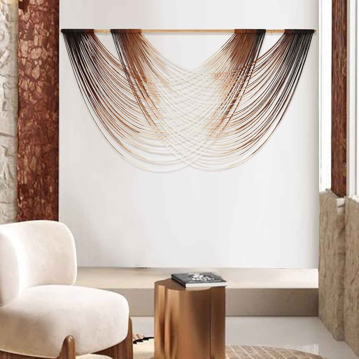 Macrame Wall Hanging | Dip Dye Brown Boho Yarn Tapestry for Modern Living Room & Bedroom, 57" x 35"