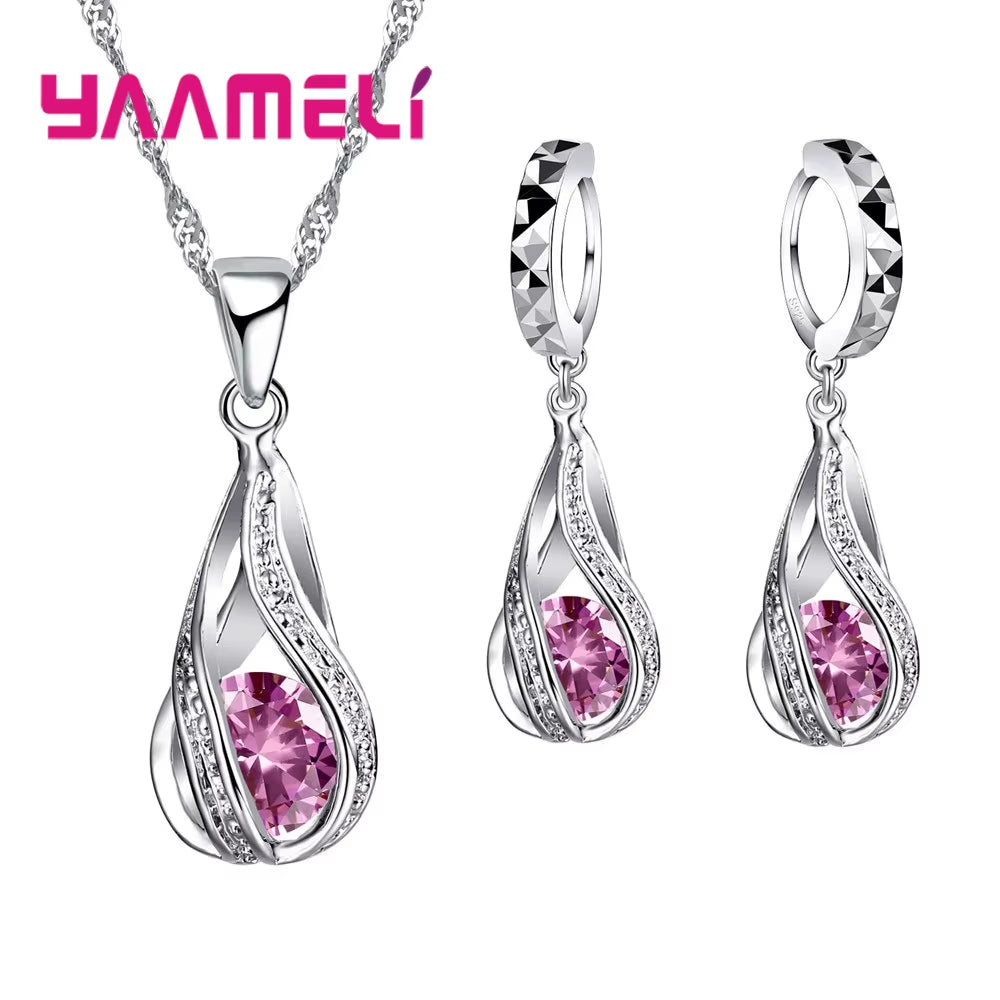 Hot Water Drop CZ 925 Sterling Silver Plated Jewelry Set for Women Pendant Necklace Hoop Earrings Wedding Party Ceremoey Anel