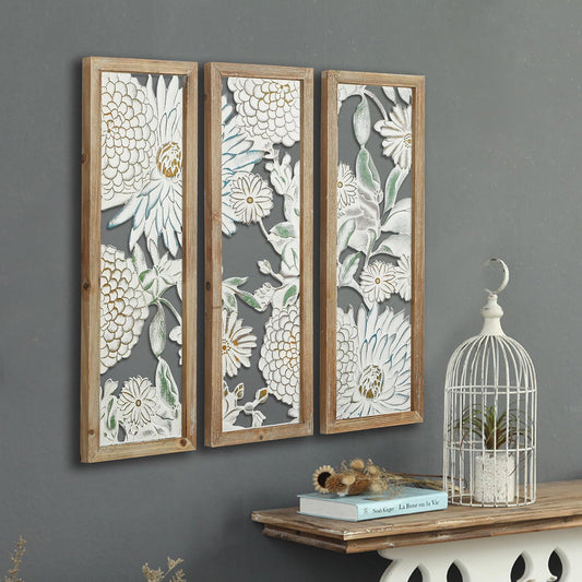 Boho Carved Wall Art Decor | 35.5" Hand-Carved Antique White Wall Sculpture, 3-Panel Vintage Wall Plaque