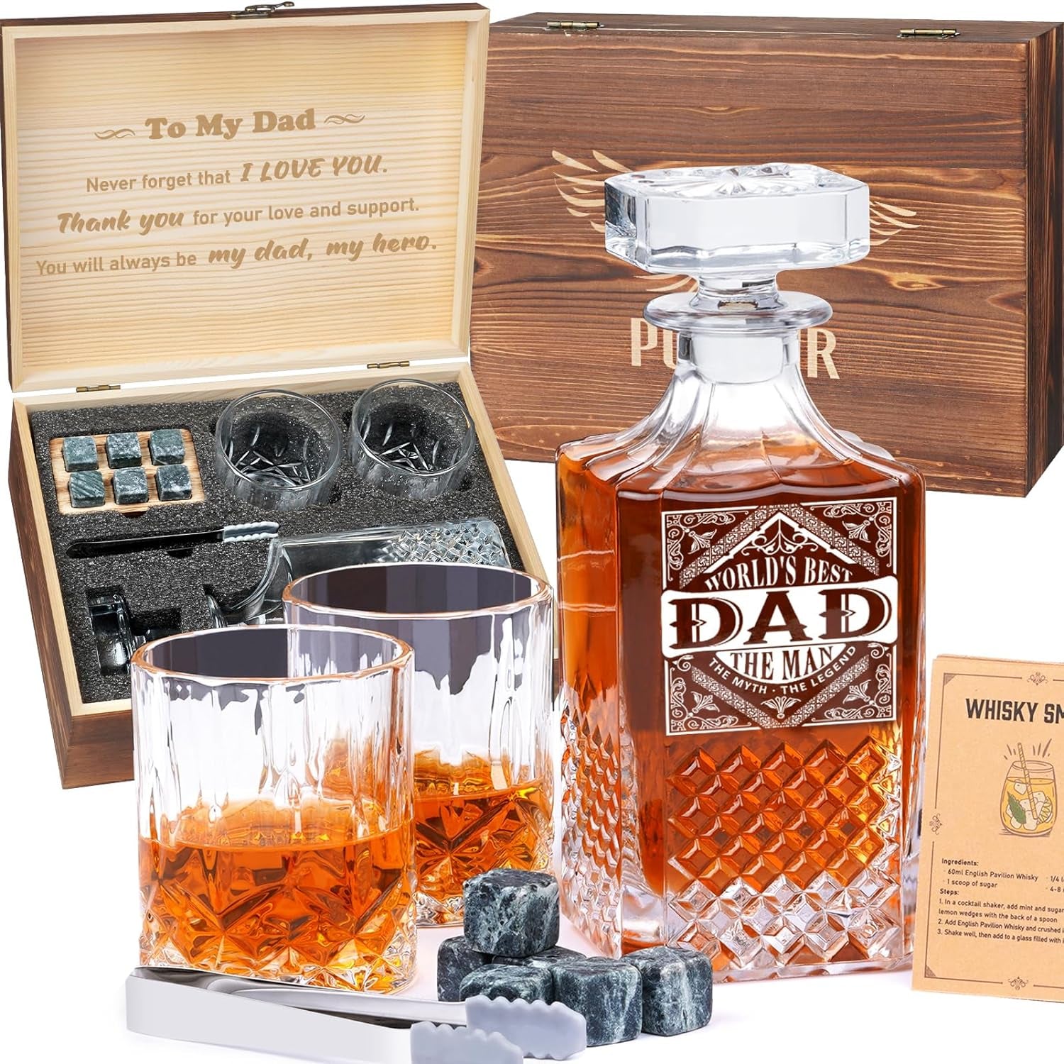 Gifts for Men Dad Stocking Stuffers, Whiskey Decanter Set with 2 Glasses, Unique Cool Dad Birthday Gift from Daughter Son, Best Christmas Retirement Present for Man Father