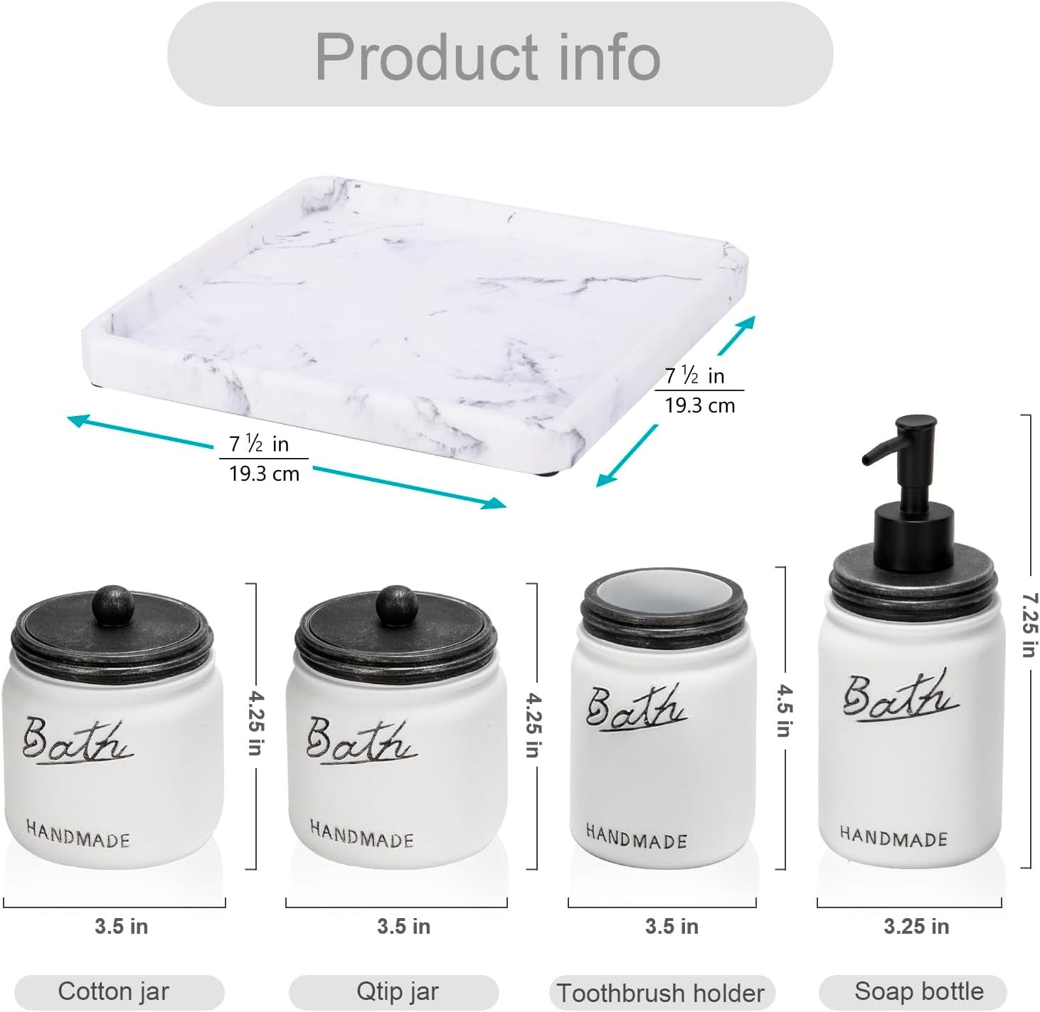 Mason Jar Bathroom Accessories Set | 5-Piece (Black/White)