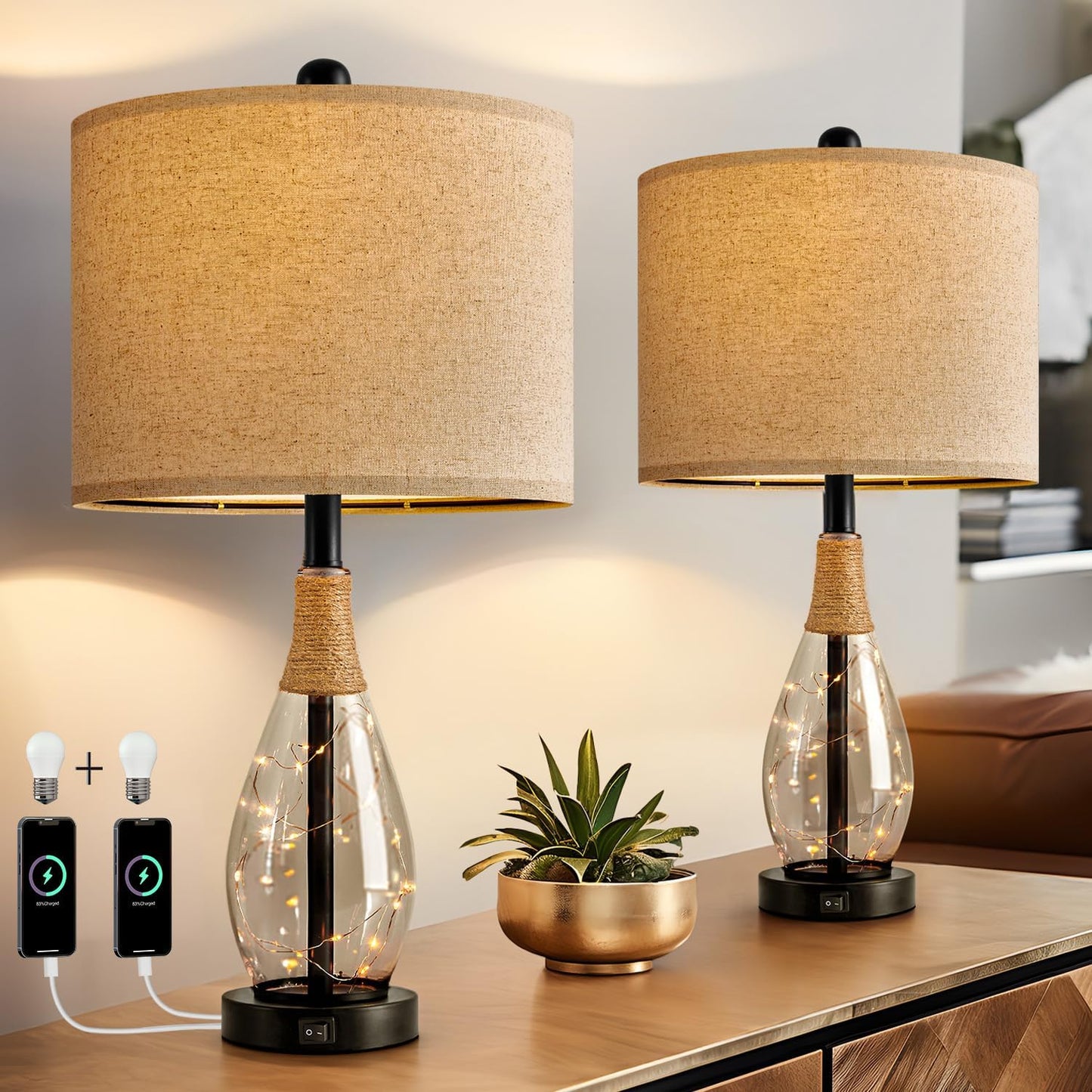 23" USB A+C Table Lamp Set of 2 | Modern Retro Farmhouse Rattan & Glass Bedside Lamps