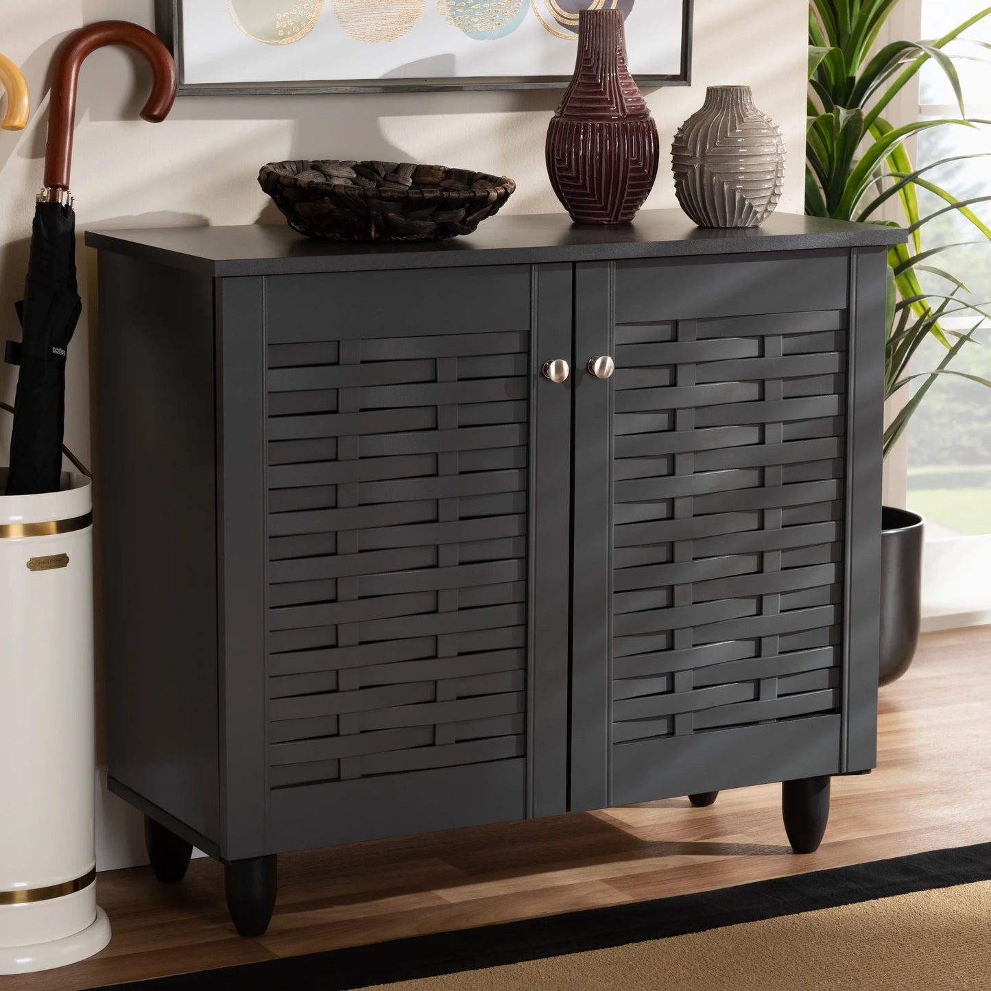 Winda Modern Dark Gray Wooden Storage Cabinet | 2-Door Contemporary Entryway Organizer