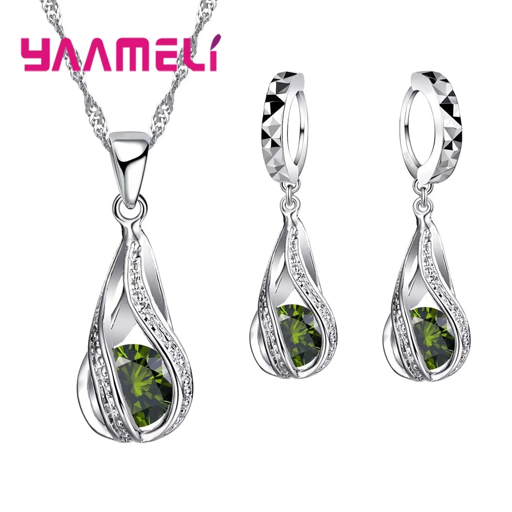 Hot Water Drop CZ 925 Sterling Silver Plated Jewelry Set for Women Pendant Necklace Hoop Earrings Wedding Party Ceremoey Anel
