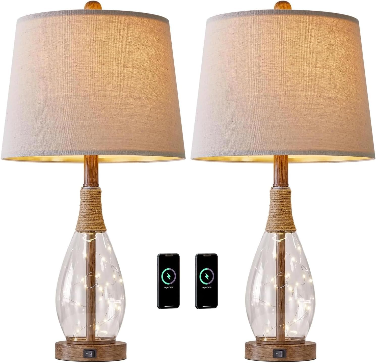 23" USB A+C Table Lamp Set of 2 | Modern Retro Farmhouse Rattan & Glass Bedside Lamps