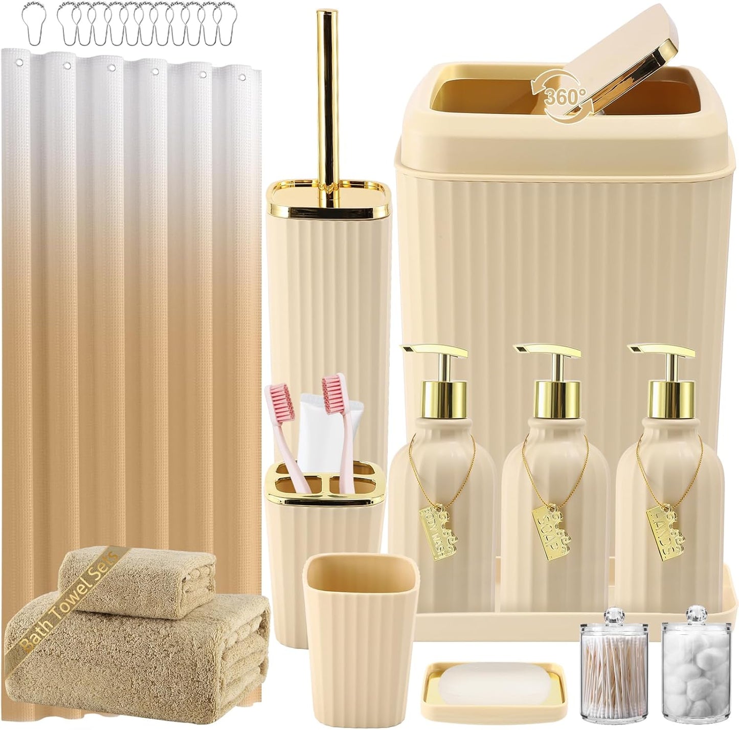 17-Piece Bathroom Accessory Set – Toilet Brush, Trash Can, Qtip Holder & 3 Soap Dispensers