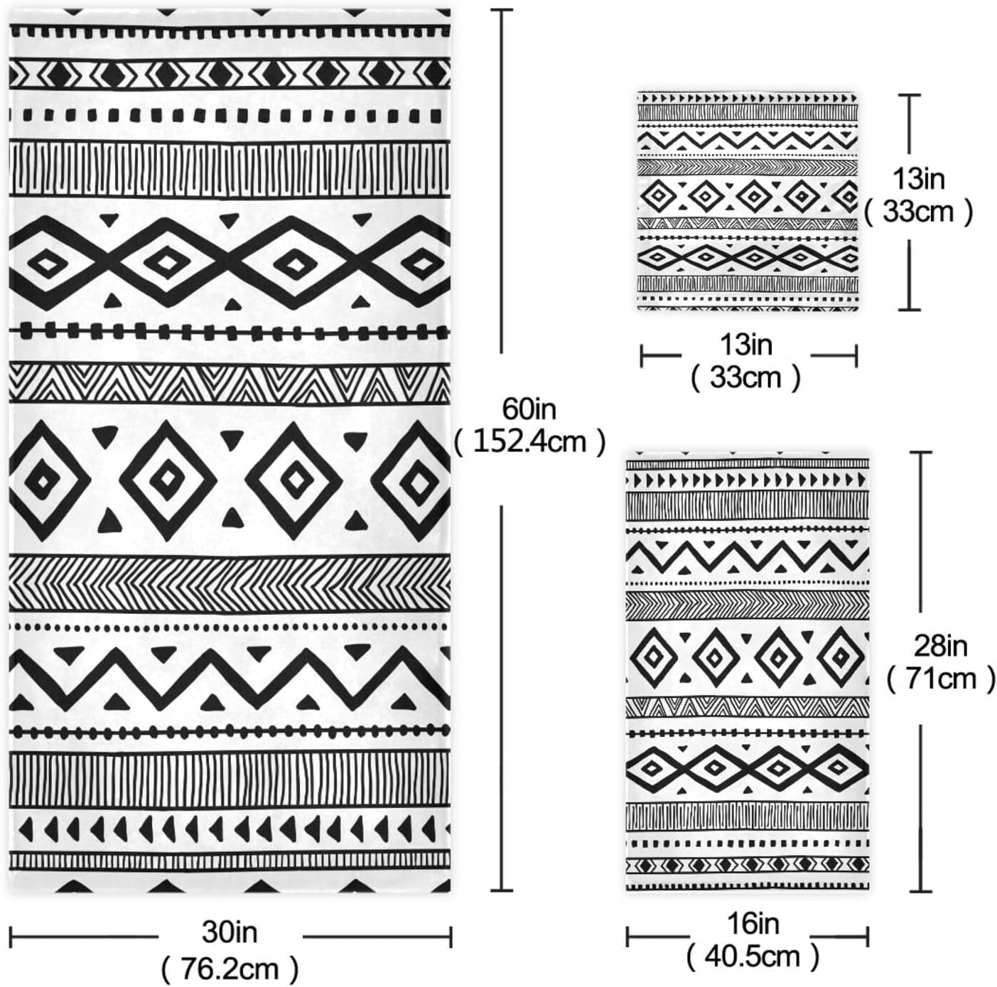 3-Piece Aztec Boho Bath Towel Set | Soft, Highly Absorbent Black & White Tribal Towels for Bathroom, Spa & Hotel