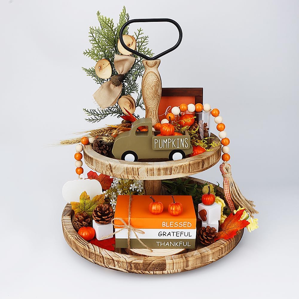 Fall Table Decor | Farmhouse Wooden Signs with Pumpkins & 3D Truck for Tiered Tray, Shelf & Mantle