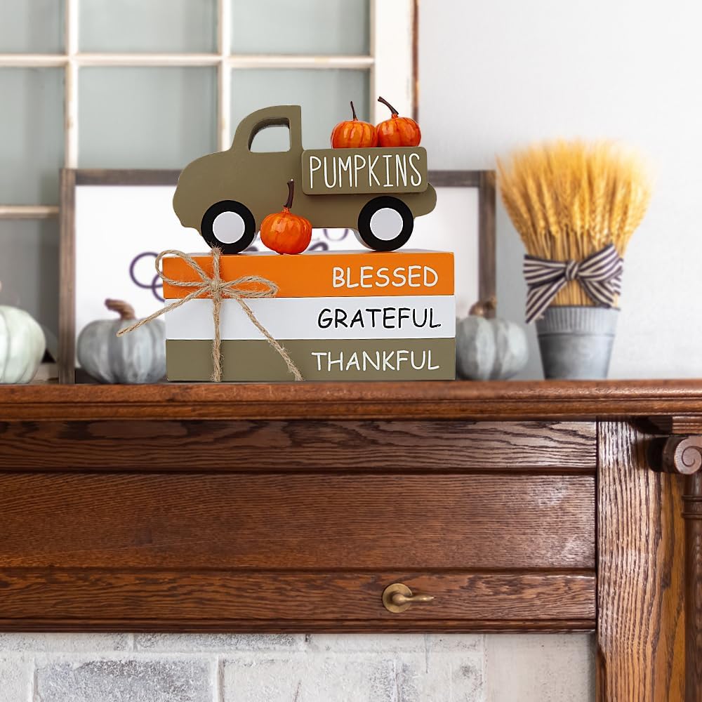 Fall Table Decor | Farmhouse Wooden Signs with Pumpkins & 3D Truck for Tiered Tray, Shelf & Mantle
