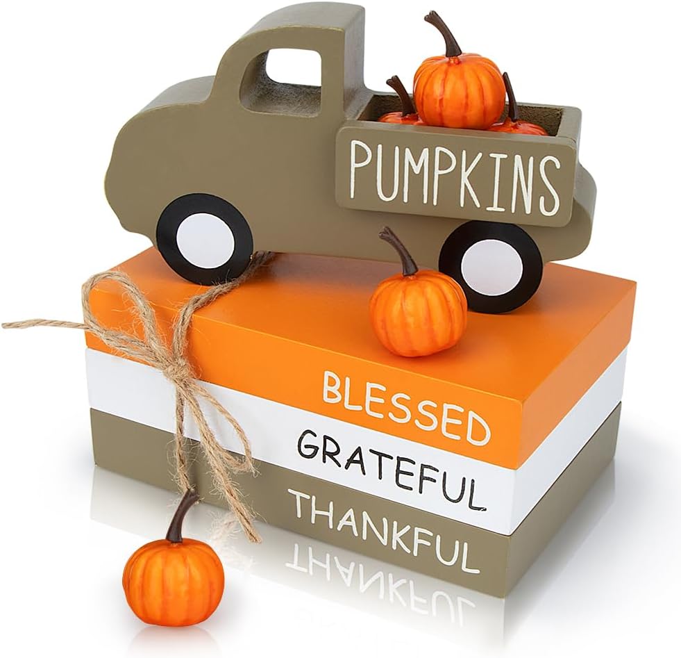 Fall Table Decor | Farmhouse Wooden Signs with Pumpkins & 3D Truck for Tiered Tray, Shelf & Mantle