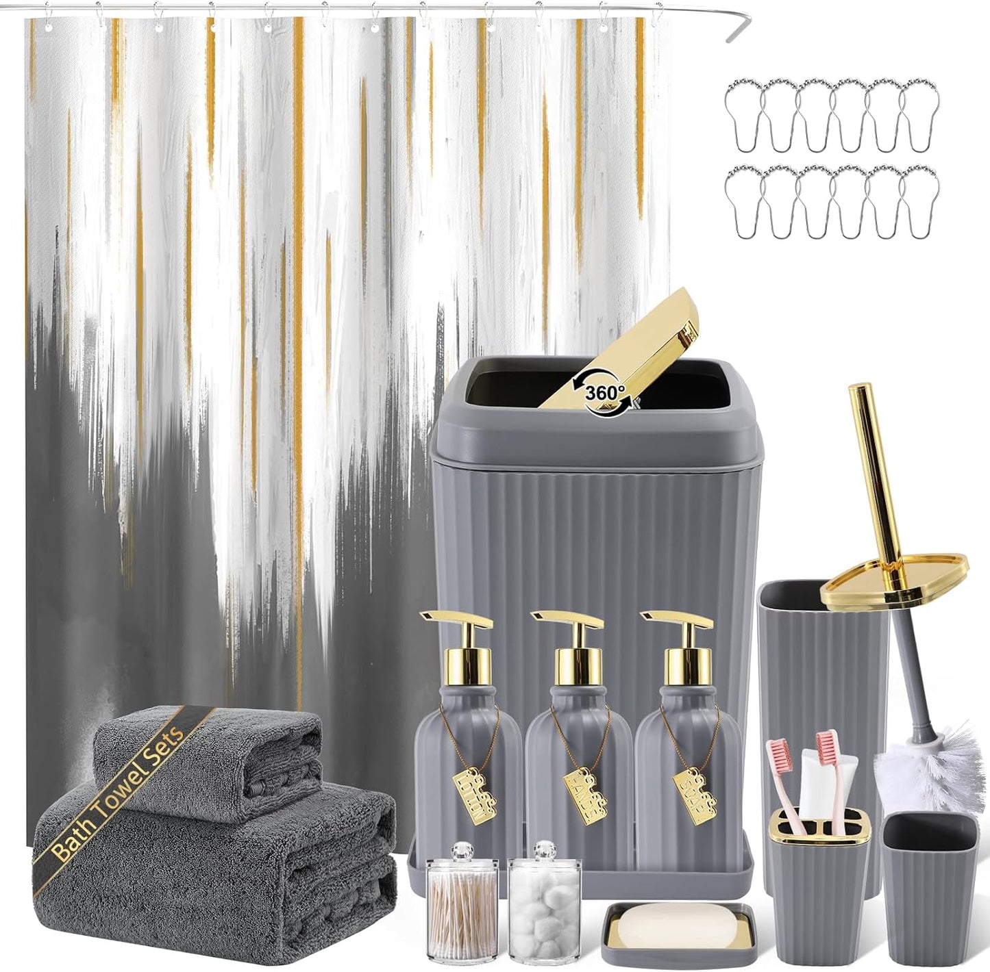 17-Piece Bathroom Accessory Set – Toilet Brush, Trash Can, Qtip Holder & 3 Soap Dispensers