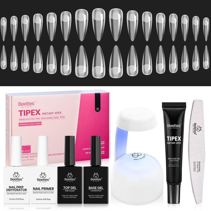 Beetles Tipex Pre-Building Instant Apex Nail Tips Kit – Square Stiletto Almond Coffin, 224PCS in 16 Sizes | Pre-Etched, Thick Full Cover Acrylic Tips with Nail Glue, Base & Top Coat, Nail Prep Kit, Mini UV Lamp Manicure Art DIY Gift for Women