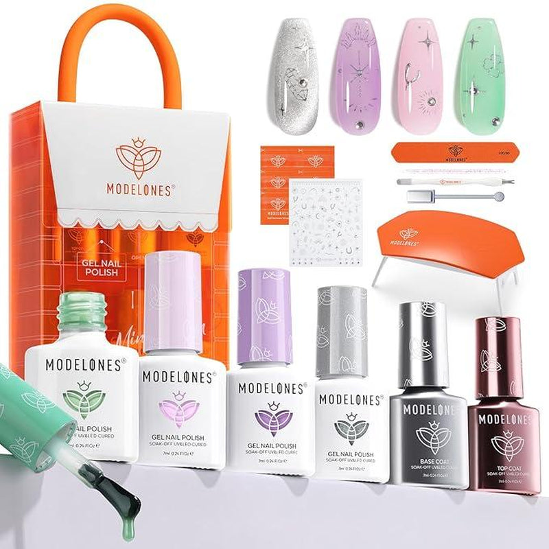 [New Product Sale]Modelones 14Pcs 4 Colors Gel Nail Polish Kit with UV Light, Base&Top Coat and Stickers, Mini Salon at Home, Cat Eye Gel Nail Polish, Jelly Light Pink Manicure Set, Fall Nails, DIY Nail at Home, Budget Friendly Gift