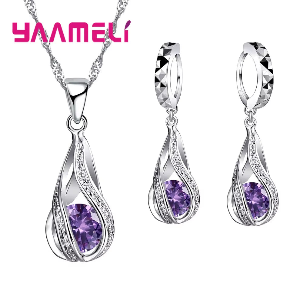 Hot Water Drop CZ 925 Sterling Silver Plated Jewelry Set for Women Pendant Necklace Hoop Earrings Wedding Party Ceremoey Anel