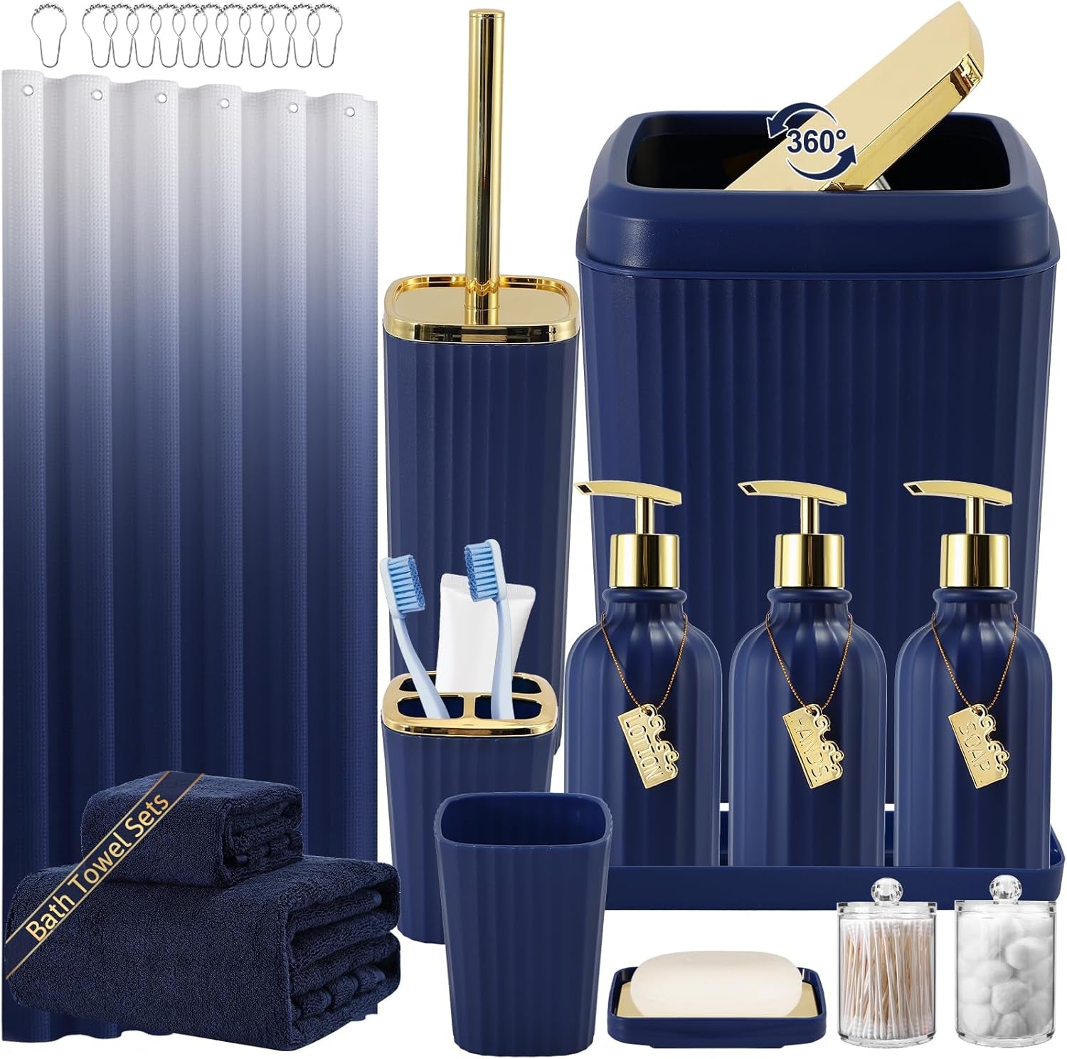17-Piece Bathroom Accessory Set – Toilet Brush, Trash Can, Qtip Holder & 3 Soap Dispensers