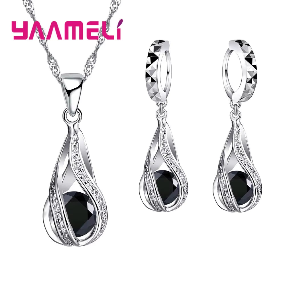Hot Water Drop CZ 925 Sterling Silver Plated Jewelry Set for Women Pendant Necklace Hoop Earrings Wedding Party Ceremoey Anel